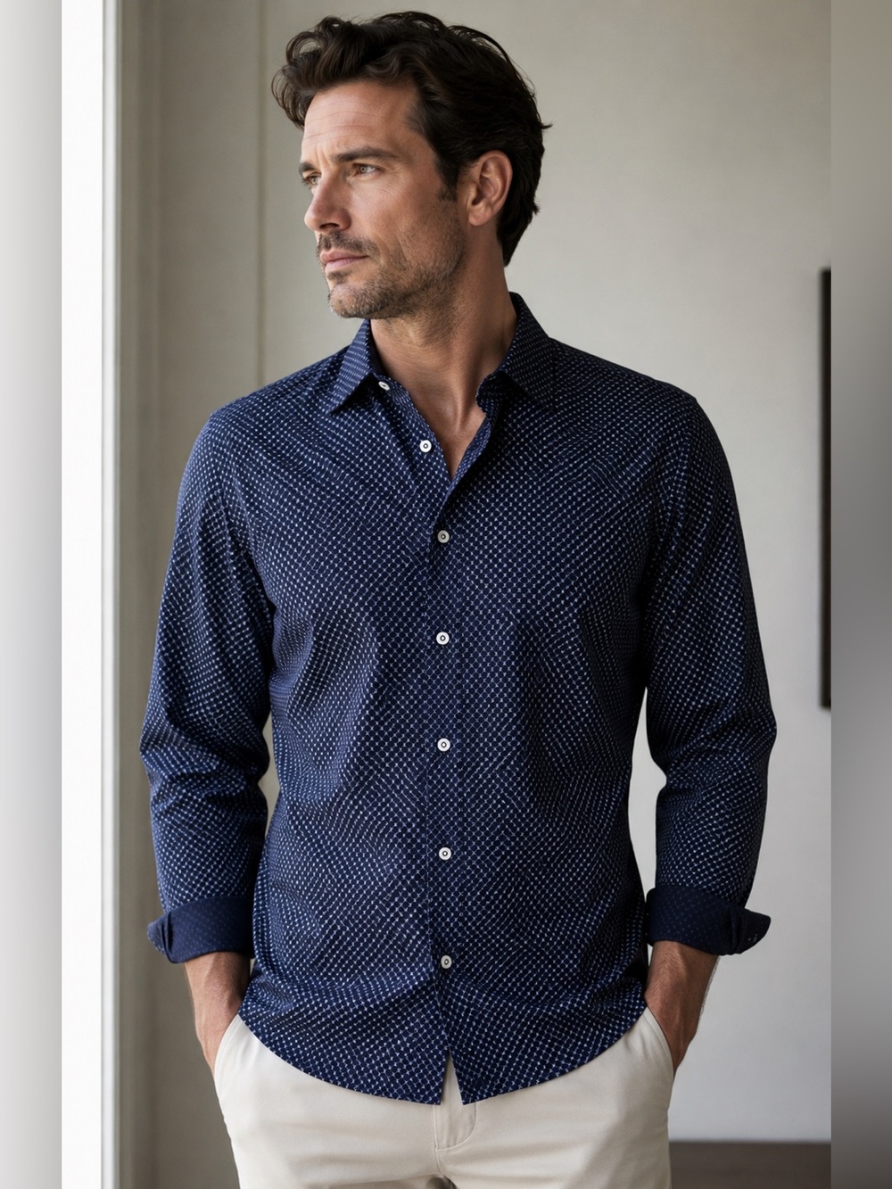 Buttercloth Men's Navy Geometric-Print Long Sleeve Button-Down Shirt